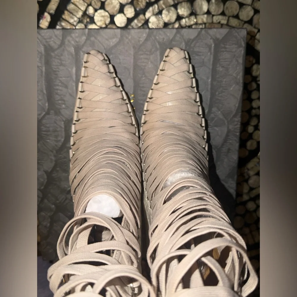 Azalea Wang “Sniper” Croc-Embossed Lace-Up Stiletto Boot in Beige - Picture 10 of 11